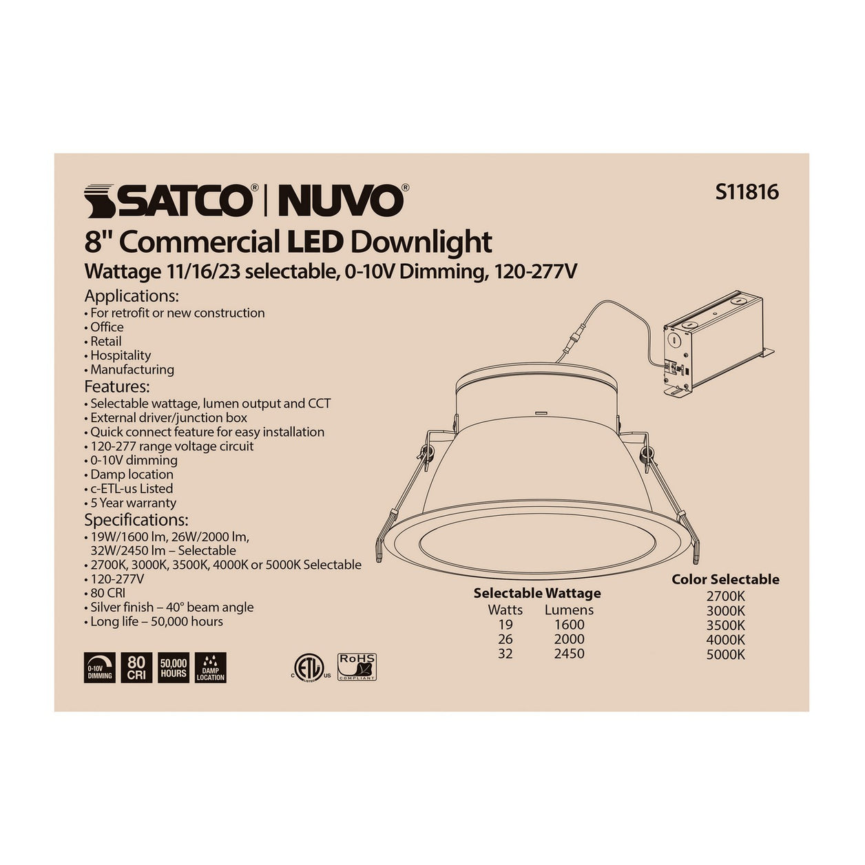 Satco - S11816 - LED Downlight - Silver