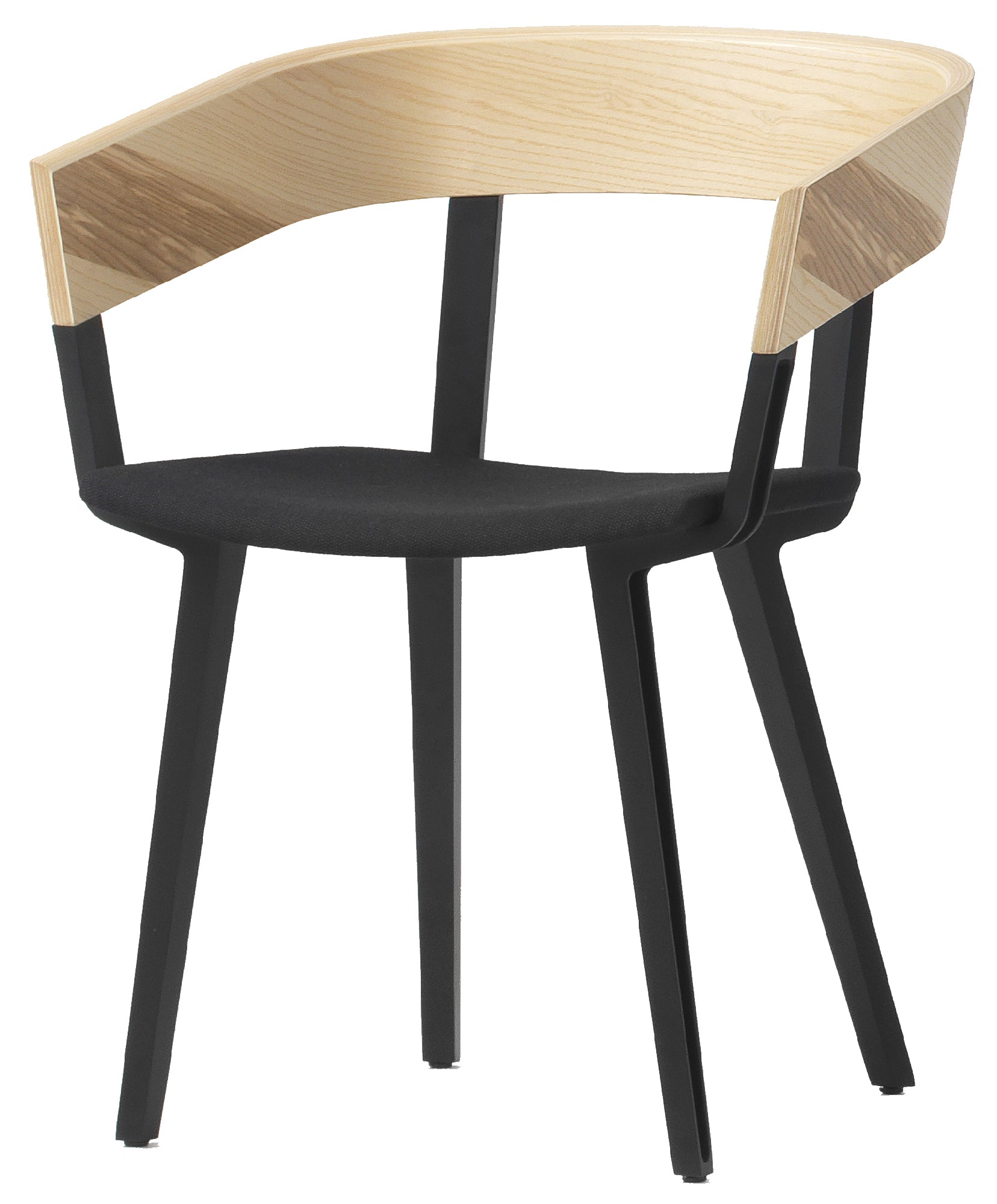 Chair with black frame and wooden seat and backrest on a white background