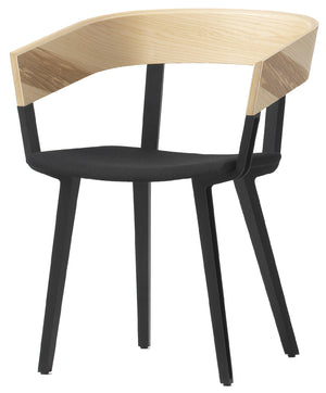 Chair with black frame and wooden seat and backrest on a white background