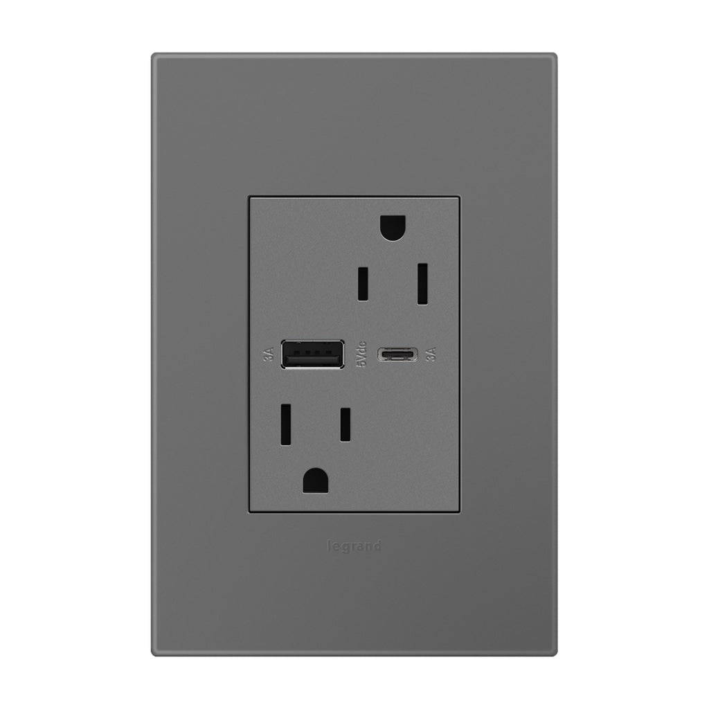 Legrand - ARTRUSB156ACM4 - 15A Tamper-Resistant Ultra-Fast USB Type-A/C Outlet - adorne - Magnesium