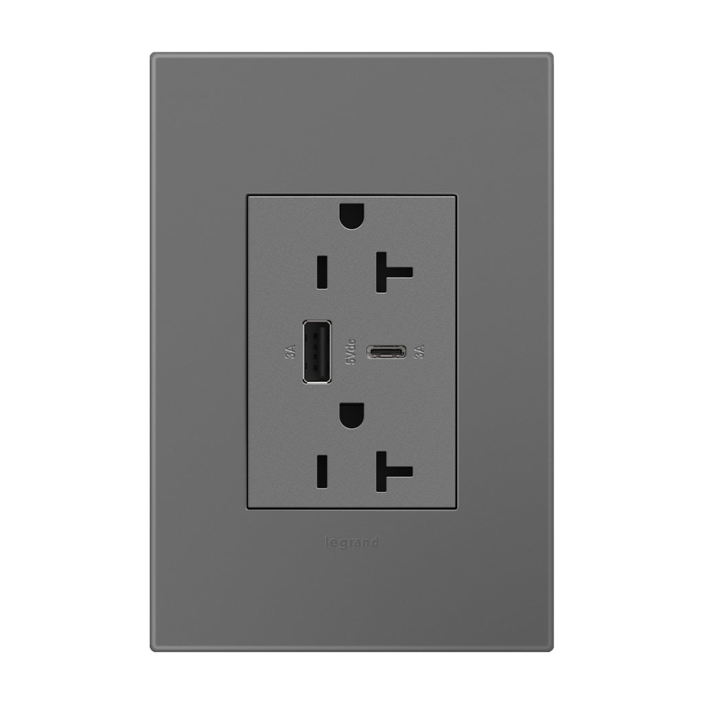 Legrand - ARTRUSB206ACM4 - 20A Tamper-Resistant Ultra-Fast USB Type-A/C Outlet - adorne - Magnesium