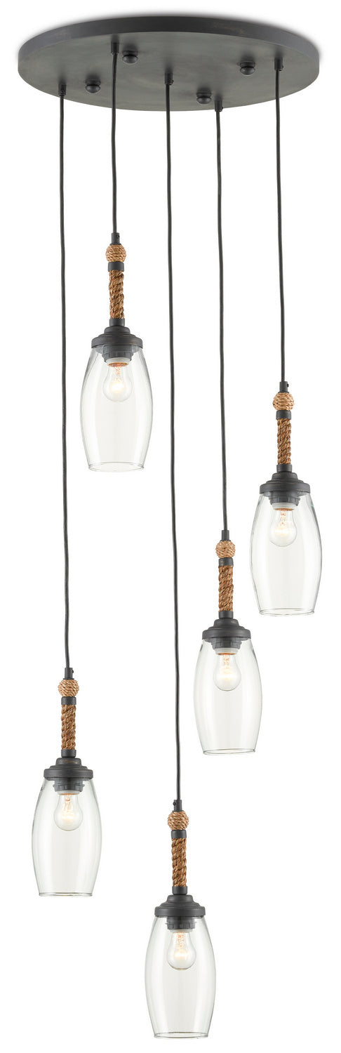 Currey and Company - 9000-0652 - Five Light Pendant - Hightider - French Black/Natural Rope