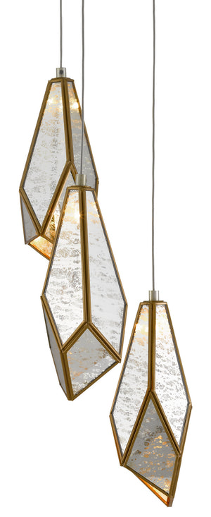 Currey and Company - 9000-0703 - Three Light Pendant - Glace - Raj Mirror/Antique Brass