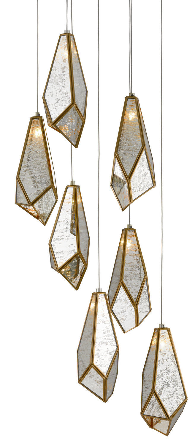 Currey and Company - 9000-0704 - Seven Light Pendant - Glace - Raj Mirror/Antique Brass