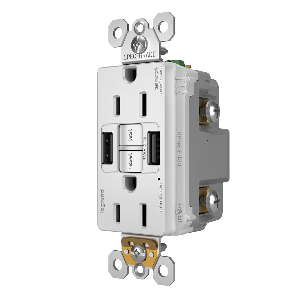 Legrand - 1597TRUSBAAW - Tamper-Resistant 15A Duplex Self-Test GFCI Receptacles with SafeLock Protection, USB Type A/A - radiant - White