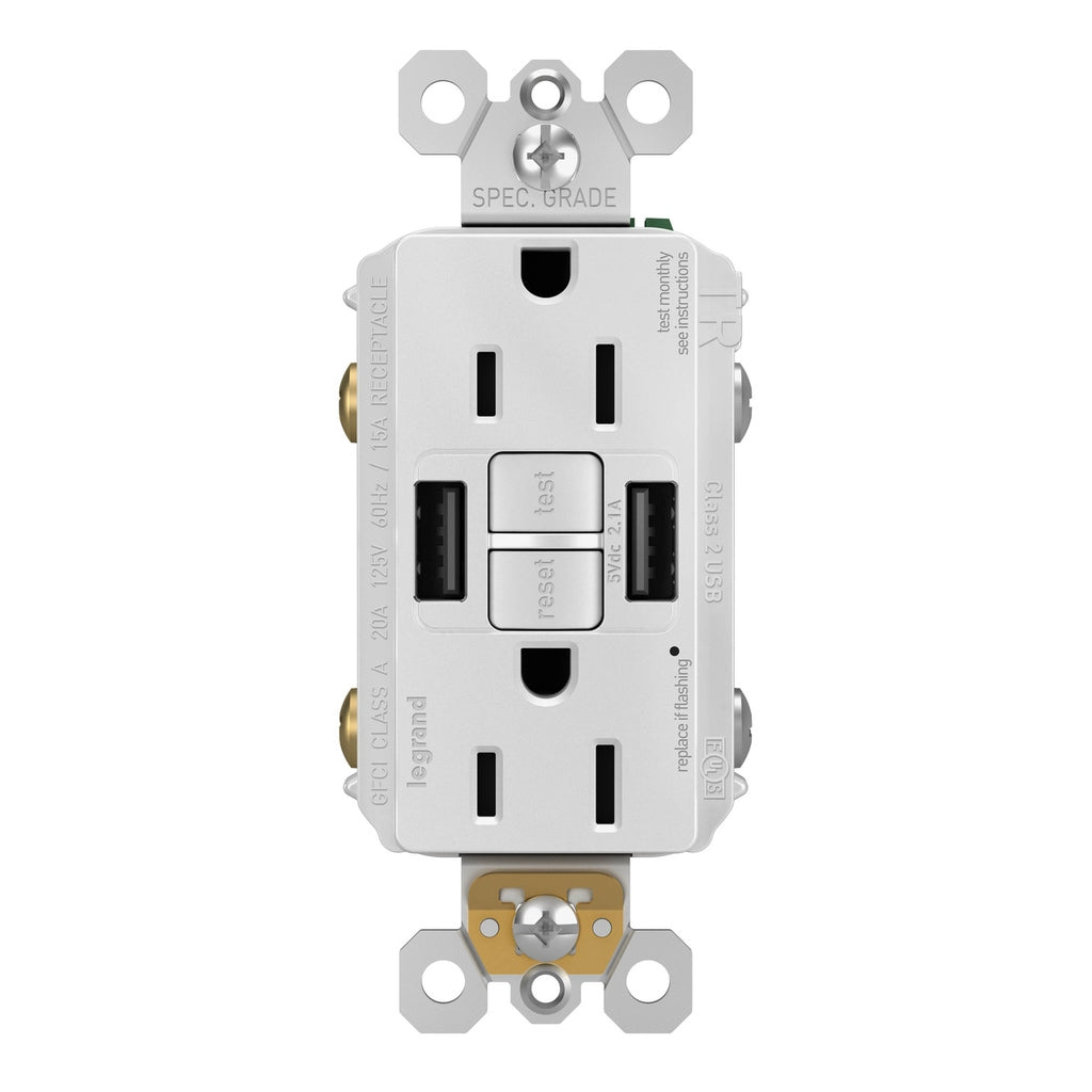 Legrand - 1597TRUSBAAW - Tamper-Resistant 15A Duplex Self-Test GFCI Receptacles with SafeLock Protection, USB Type A/A - radiant - White