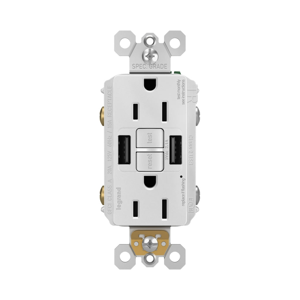 Legrand - 1597TRUSBAAW - Tamper-Resistant 15A Duplex Self-Test GFCI Receptacles with SafeLock Protection, USB Type A/A - radiant - White