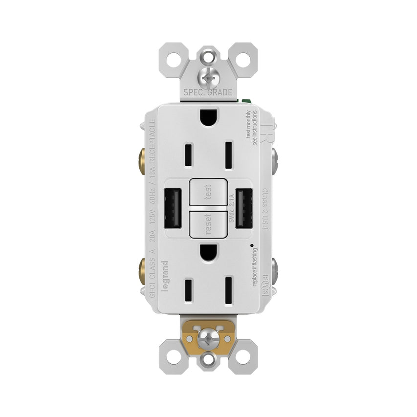 Legrand - 1597TRUSBAAW - Tamper-Resistant 15A Duplex Self-Test GFCI Receptacles with SafeLock Protection, USB Type A/A - radiant - White