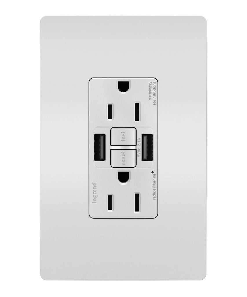 Legrand - 1597TRUSBAAW - Tamper-Resistant 15A Duplex Self-Test GFCI Receptacles with SafeLock Protection, USB Type A/A - radiant - White