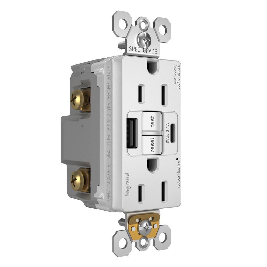 Legrand - 1597TRUSBACW - Tamper-Resistant 15A Duplex Self-Test GFCI Receptacles with SafeLock Protection, USB Type A/C White - radiant - White