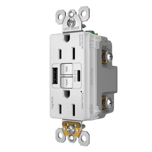 Legrand - 1597TRUSBACW - Tamper-Resistant 15A Duplex Self-Test GFCI Receptacles with SafeLock Protection, USB Type A/C White - radiant - White