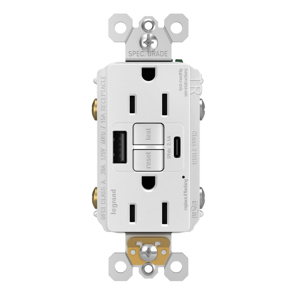 Legrand - 1597TRUSBACW - Tamper-Resistant 15A Duplex Self-Test GFCI Receptacles with SafeLock Protection, USB Type A/C White - radiant - White