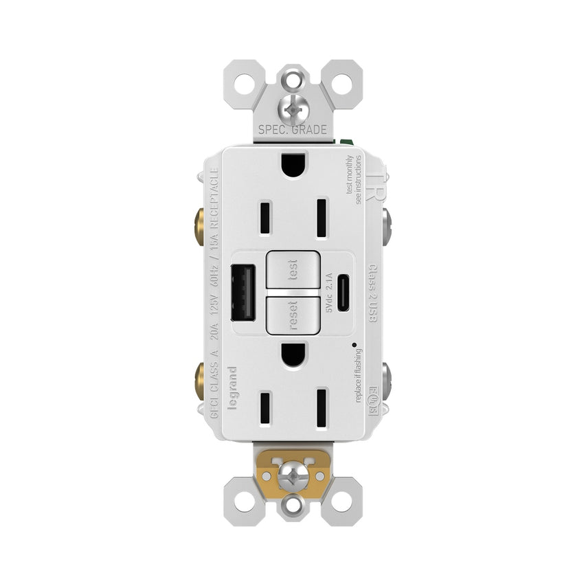 Legrand - 1597TRUSBACW - Tamper-Resistant 15A Duplex Self-Test GFCI Receptacles with SafeLock Protection, USB Type A/C White - radiant - White