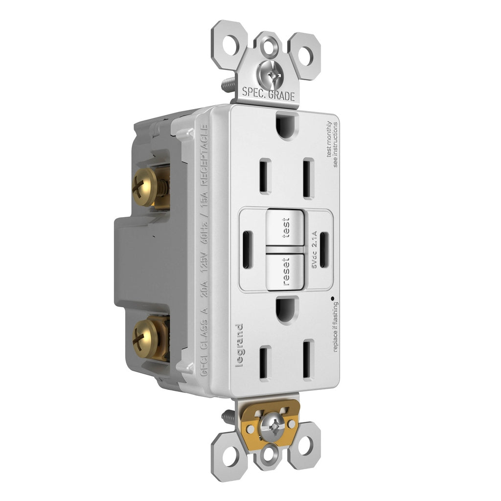 Legrand - 1597TRUSBCCW - Tamper-Resistant 15A Duplex Self-Test GFCI Receptacles with SafeLock Protection, USB Type C/C - radiant - White