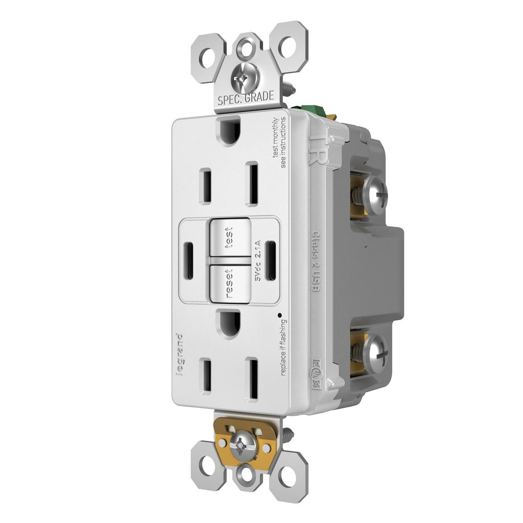 Legrand - 1597TRUSBCCW - Tamper-Resistant 15A Duplex Self-Test GFCI Receptacles with SafeLock Protection, USB Type C/C - radiant - White