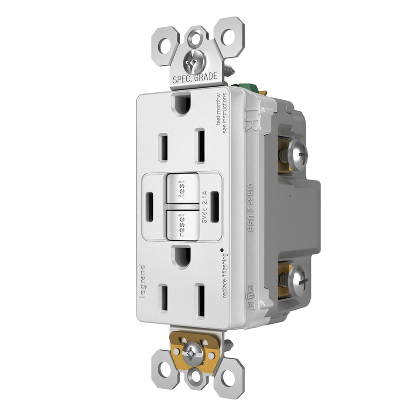 Legrand - 1597TRUSBCCW - Tamper-Resistant 15A Duplex Self-Test GFCI Receptacles with SafeLock Protection, USB Type C/C - radiant - White