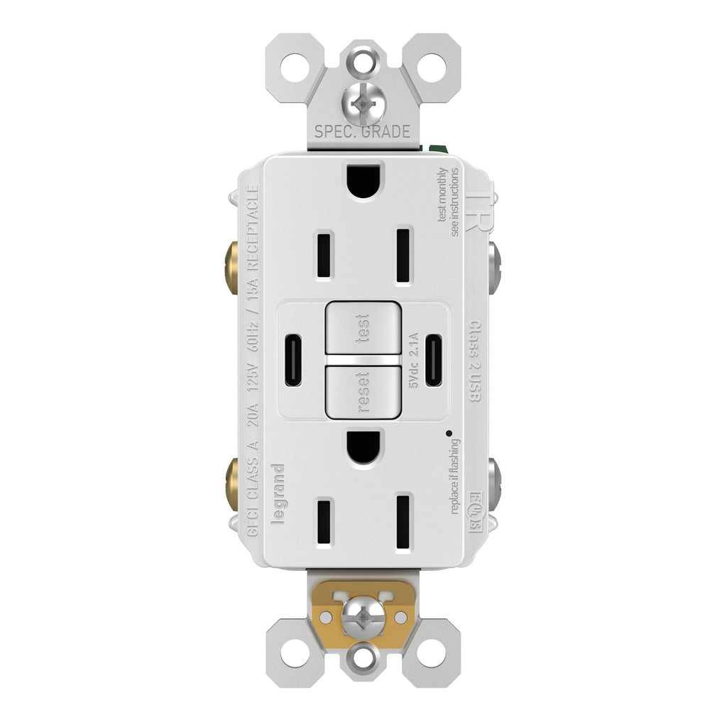 Legrand - 1597TRUSBCCW - Tamper-Resistant 15A Duplex Self-Test GFCI Receptacles with SafeLock Protection, USB Type C/C - radiant - White