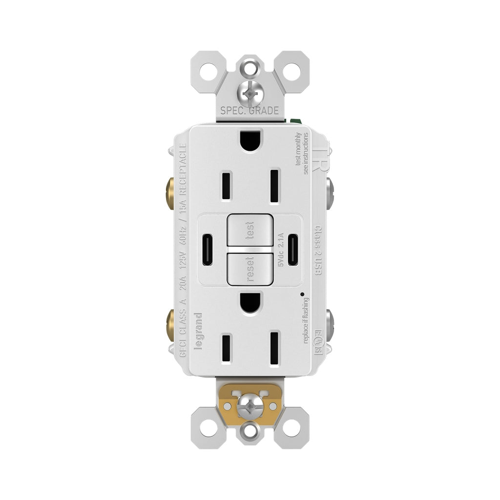 Legrand - 1597TRUSBCCW - Tamper-Resistant 15A Duplex Self-Test GFCI Receptacles with SafeLock Protection, USB Type C/C - radiant - White