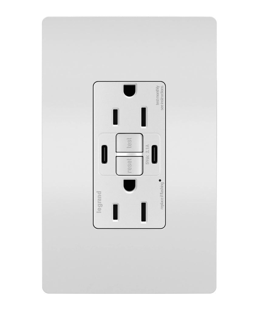 Legrand - 1597TRUSBCCW - Tamper-Resistant 15A Duplex Self-Test GFCI Receptacles with SafeLock Protection, USB Type C/C - radiant - White