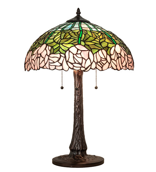 Meyda Tiffany - 242043 - Three Light Table Lamp - Tiffany Cabbage Rose - Mahogany Bronze