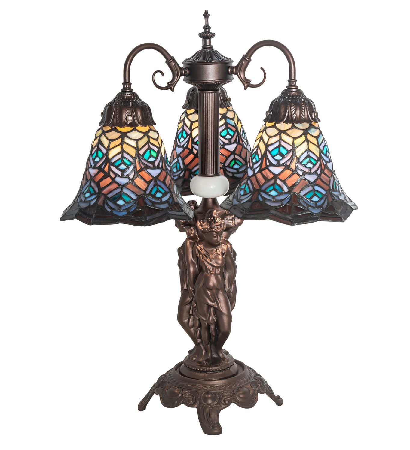 Meyda Tiffany - 245482 - Three Light Table Lamp - Tiffany Peacock Feather - Mahogany Bronze