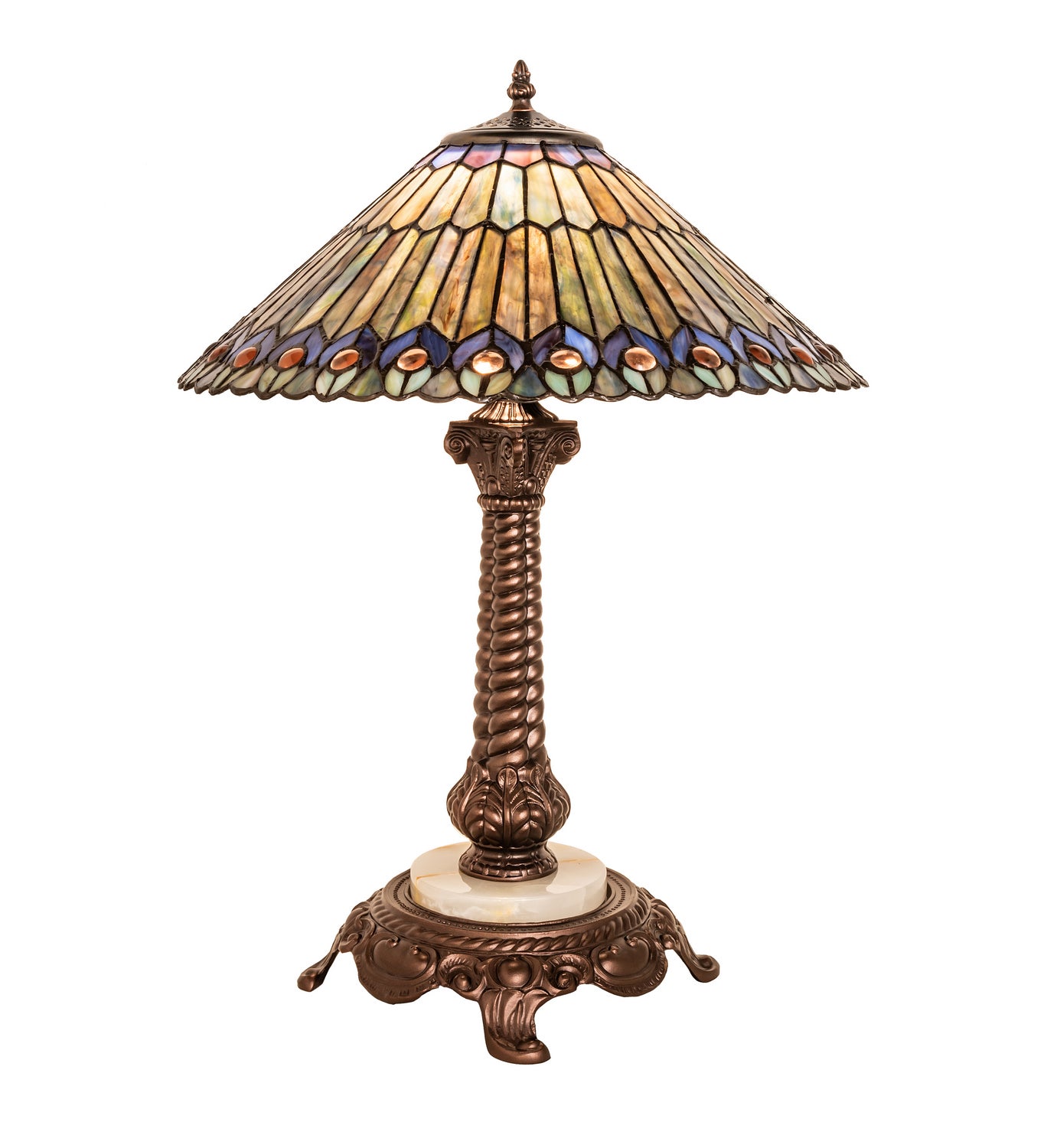 Meyda Tiffany - 251928 - One Light Table Lamp - Tiffany Jeweled Peacock - Mahogany Bronze