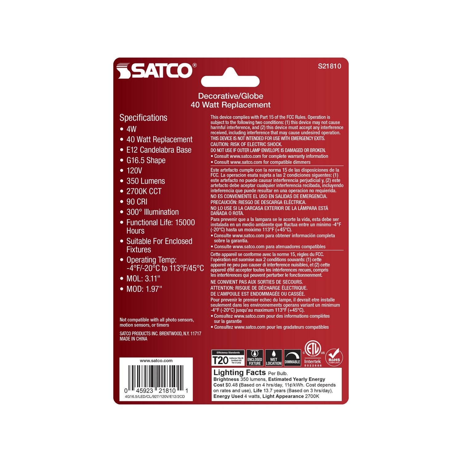 Satco - S21810 - Light Bulb - Clear