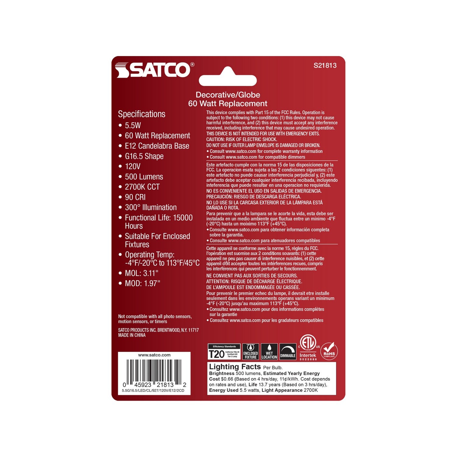 Satco - S21813 - Light Bulb - Clear