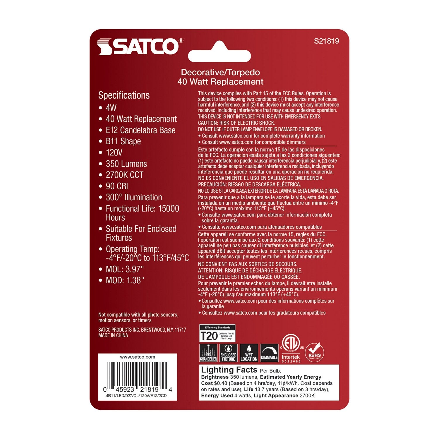 Satco - S21819 - Light Bulb - Clear