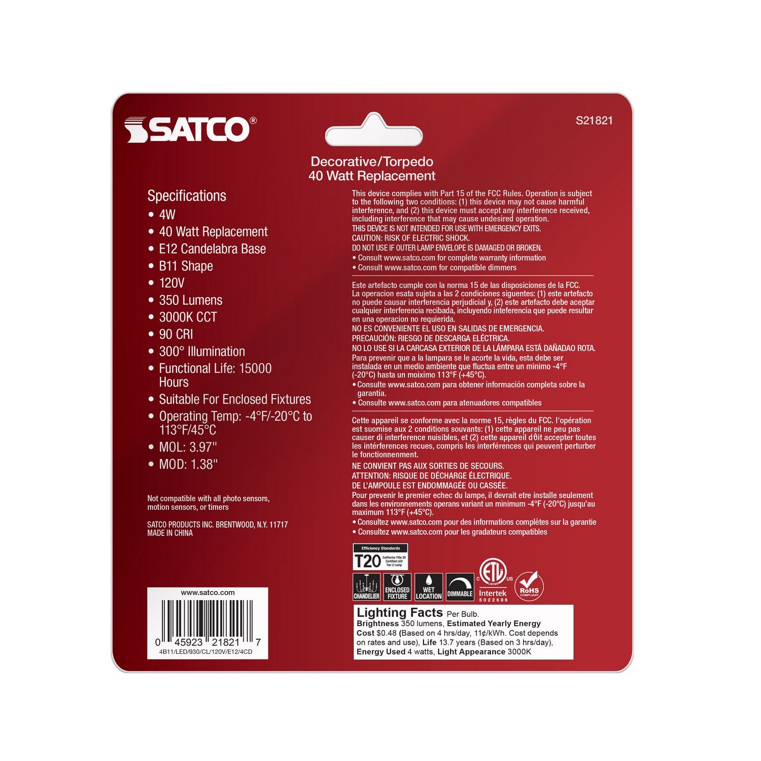 Satco - S21821 - Light Bulb - Clear