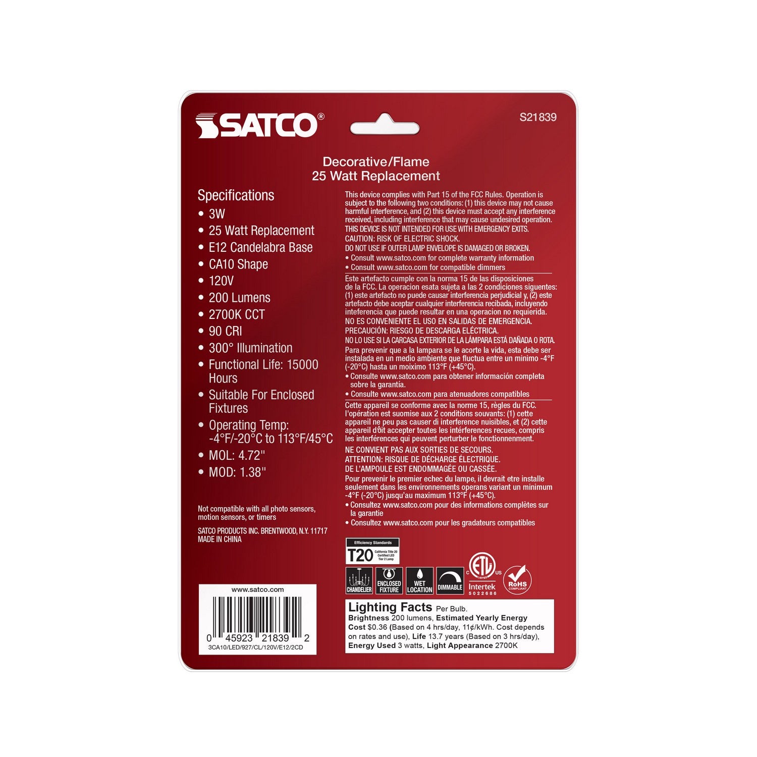 Satco - S21839 - Light Bulb - Clear