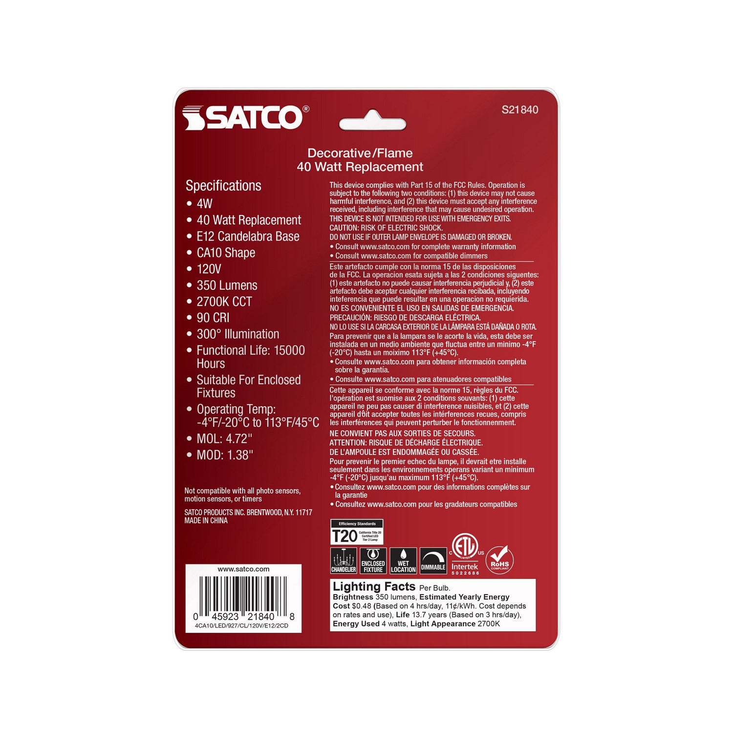Satco - S21840 - Light Bulb - Clear