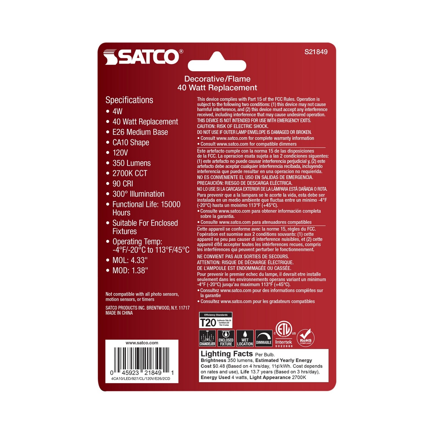 Satco - S21849 - Light Bulb - Clear
