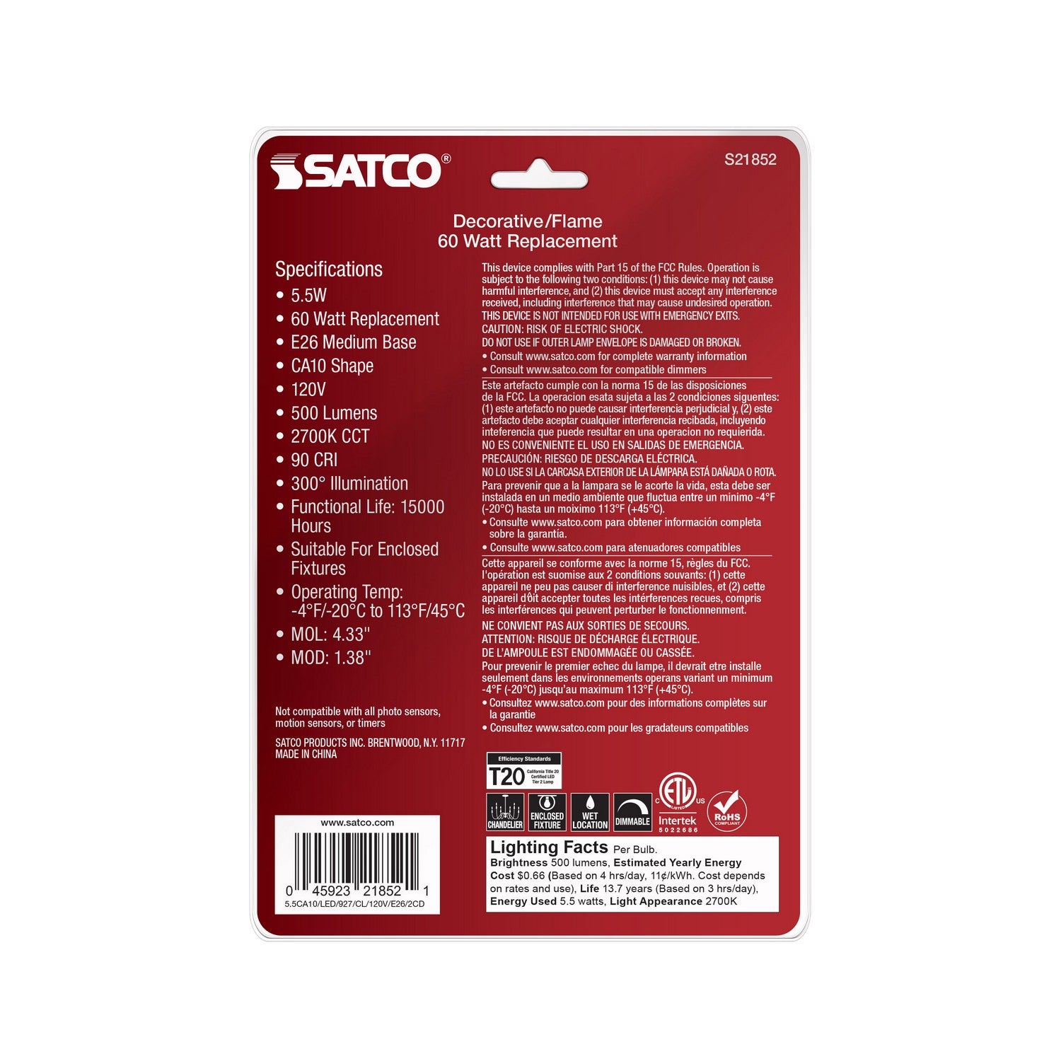 Satco - S21852 - Light Bulb - Clear