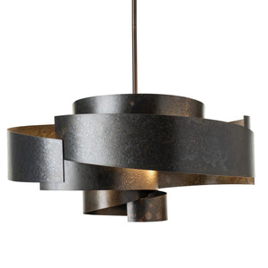 A modern multi-band spiral pendant light fixture with a textured dark bronze finish, suspended by a slim rod against a solid white background.