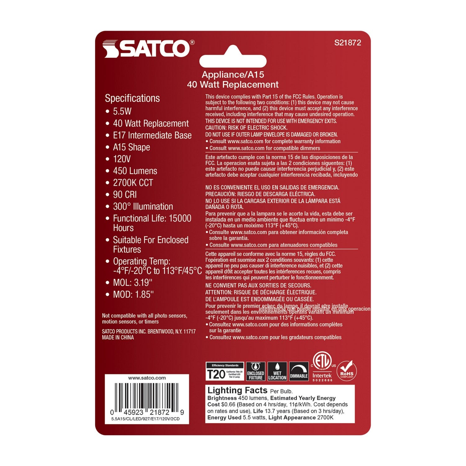 Satco - S21872 - Light Bulb - Clear