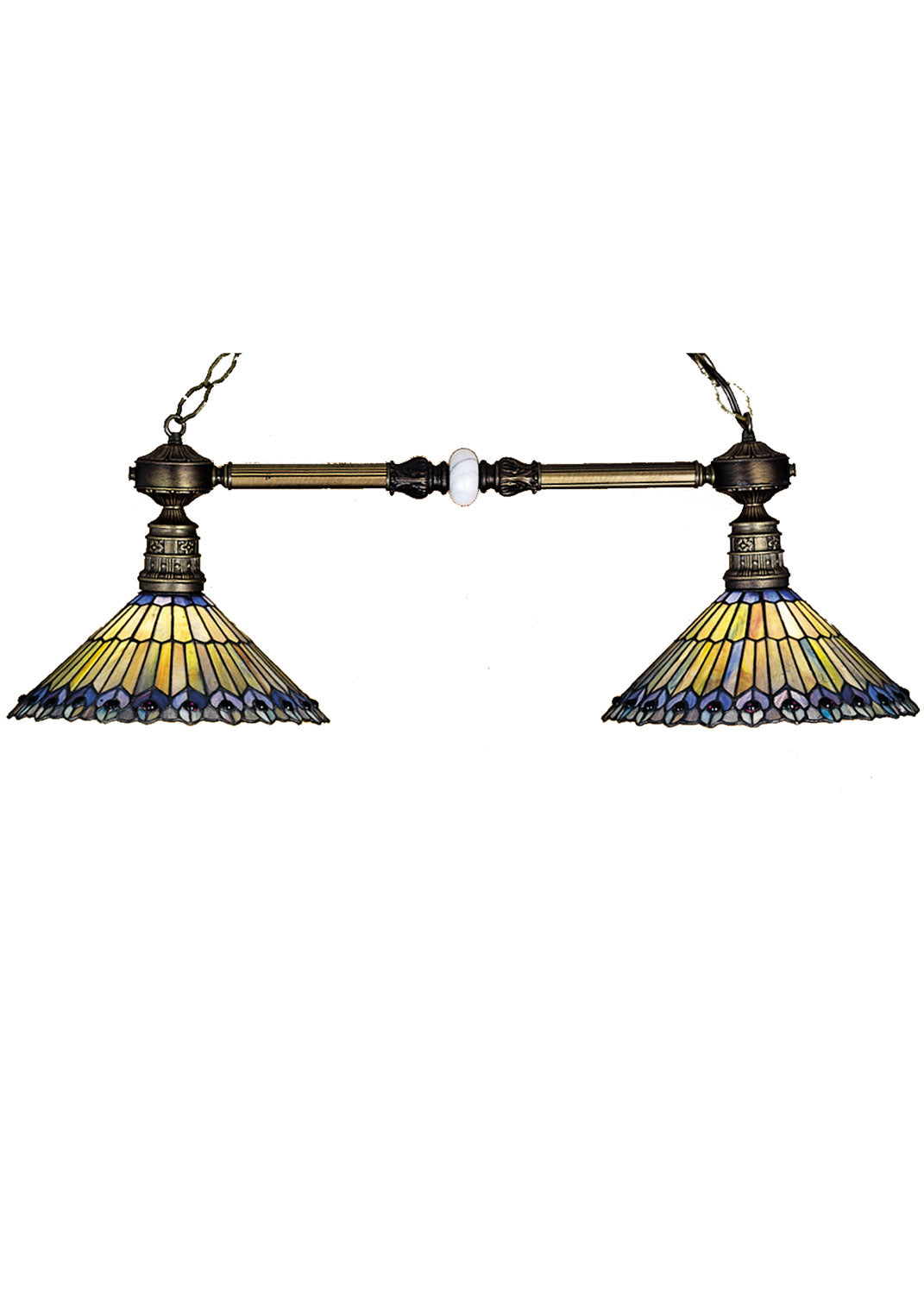 Meyda Tiffany - 27411 - Two Light Island Pendant - Tiffany Jeweled Peacock - Craftsman Brown