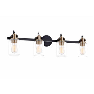 Justice Designs - FSN-8194-CLER-MBBR - Four Light Bath Bar - Fusion - Matte Black w/ Brass