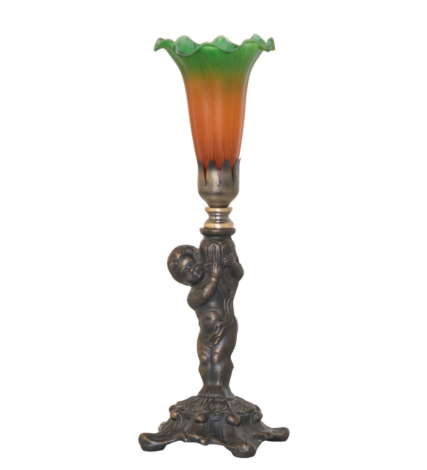 Meyda Tiffany - 273018 - One Light Mini Lamp - Amber/Green Tiffany Pond Lily - Antique Brass