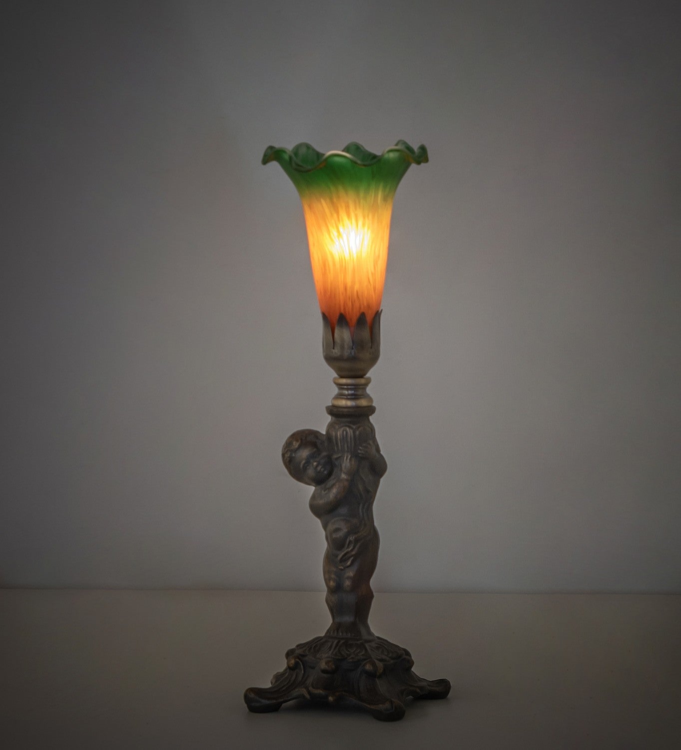 Meyda Tiffany - 273018 - One Light Mini Lamp - Amber/Green Tiffany Pond Lily - Antique Brass