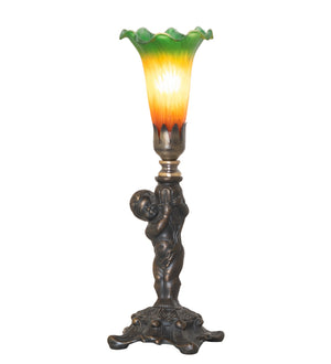 Meyda Tiffany - 273018 - One Light Mini Lamp - Amber/Green Tiffany Pond Lily - Antique Brass