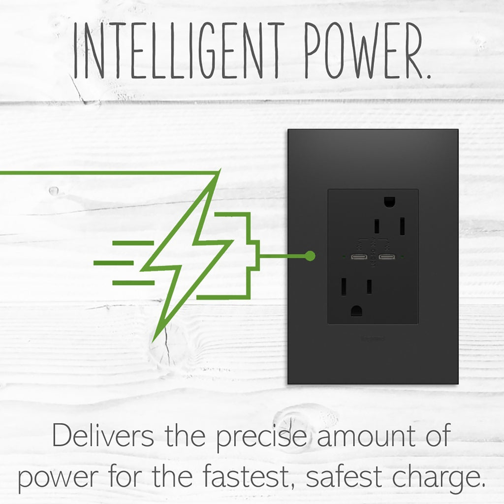 Legrand - ARTRUSB15PD30G4 - 15A Tamper-Resistant Ultra-Fast Plus Power Delivery USB Type-C/C Outlet, Plus-Size - adorne - Graphite