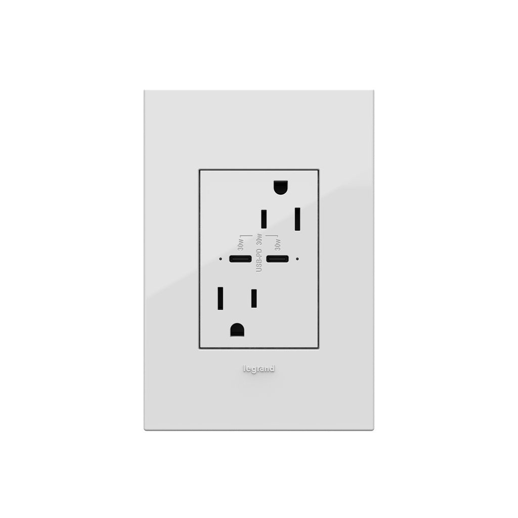 Legrand - ARTRUSB15PD30W4 - 15A Tamper-Resistant Ultra-Fast Plus Power Delivery USB Type-C/C Outlet, Plus-Size - adorne - White