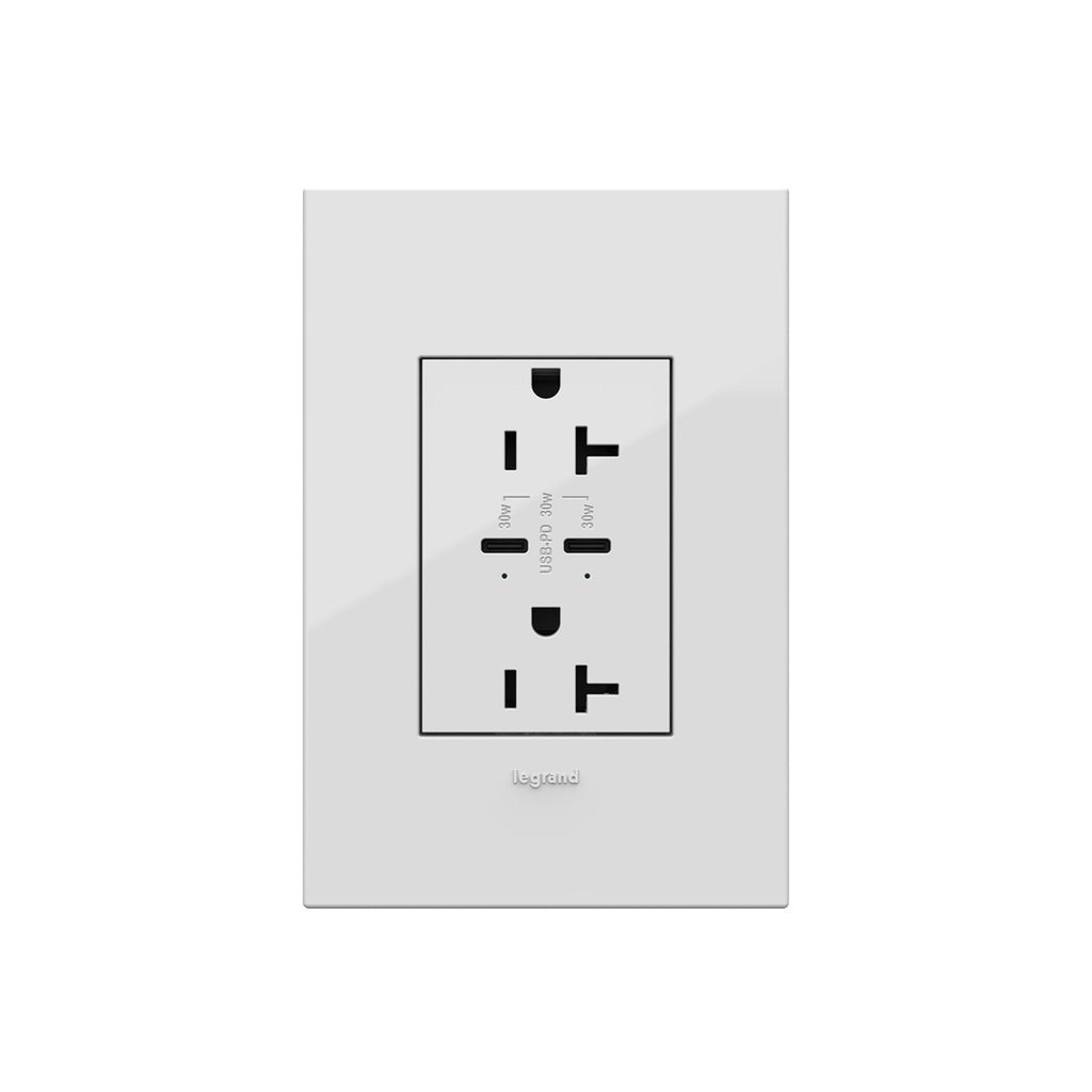 Legrand - ARTRUSB20PD30W4 - 20A Tamper-Resistant Ultra-Fast Plus Power Delivery USB Type-C/C Outlet, Plus-Size - adorne - White