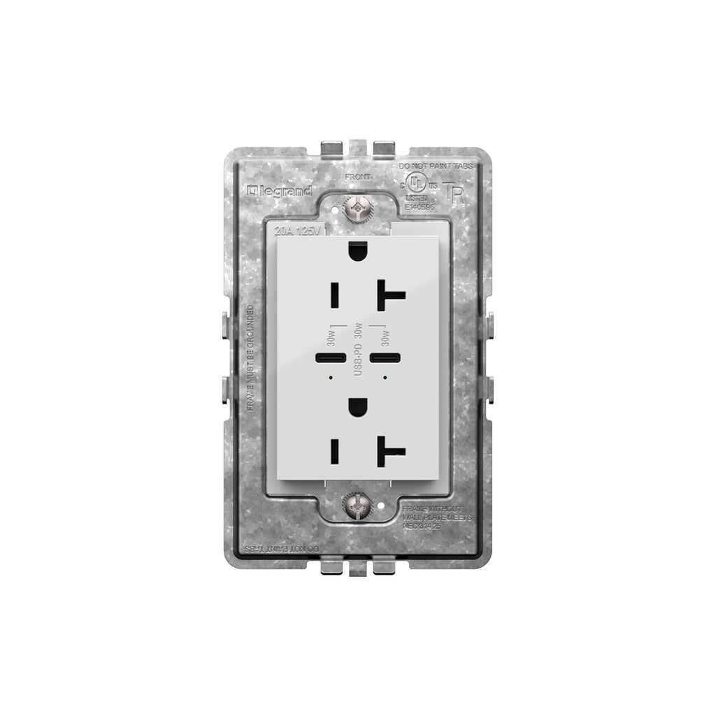 Legrand - ARTRUSB20PD30W4 - 20A Tamper-Resistant Ultra-Fast Plus Power Delivery USB Type-C/C Outlet, Plus-Size - adorne - White