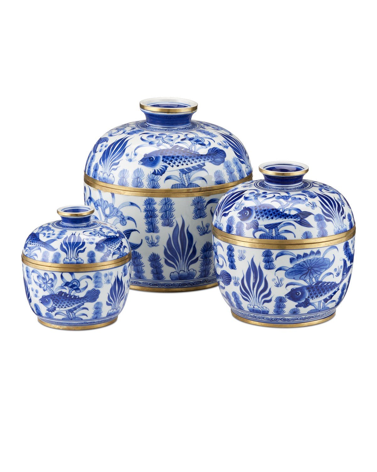 Currey and Company - 1200-0969 - Rice Tureen Set of 3 - White / Blue / Brass