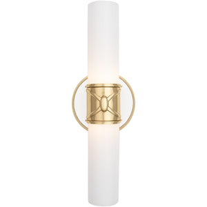 Robert Abbey - 1979 - Two Light Wall Sconce - Chase - Antique Brass w/Polished Cased White Glass Shades