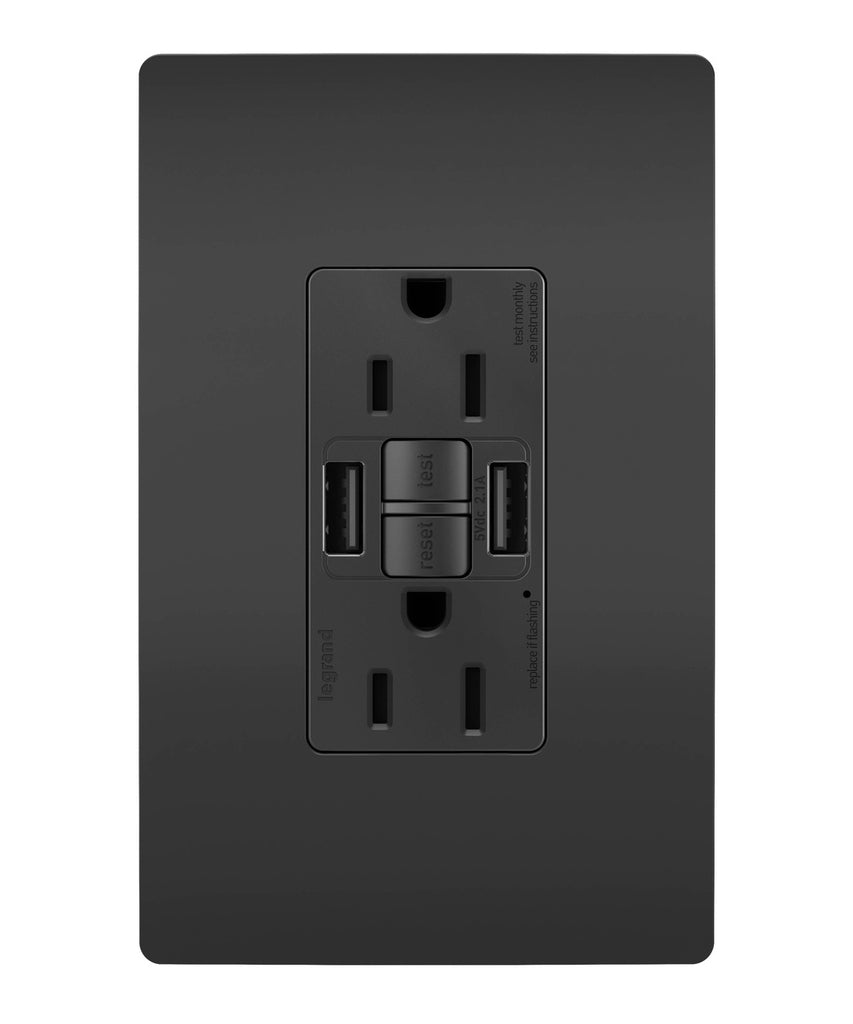 Legrand - 1597TRUSBAABK - Tamper-Resistant 15A Duplex Self-Test GFCI Receptacles with SafeLock Protection, USB Type A/A - radiant - Black