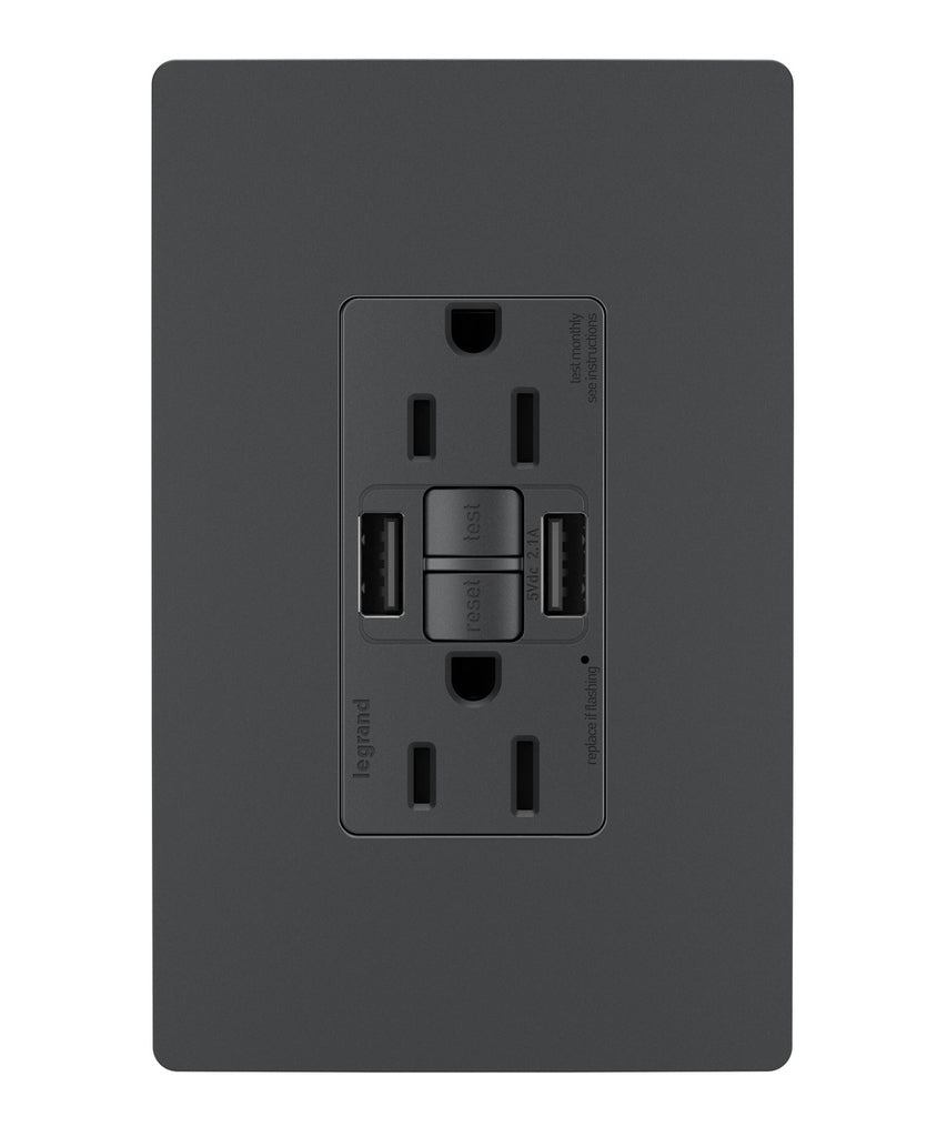 Legrand - 1597TRUSBAAGC4 - Tamper-Resistant 15A Duplex Self-Test GFCI Receptacles with SafeLock Protection, USB Type A/A C4 - radiant - Graphite
