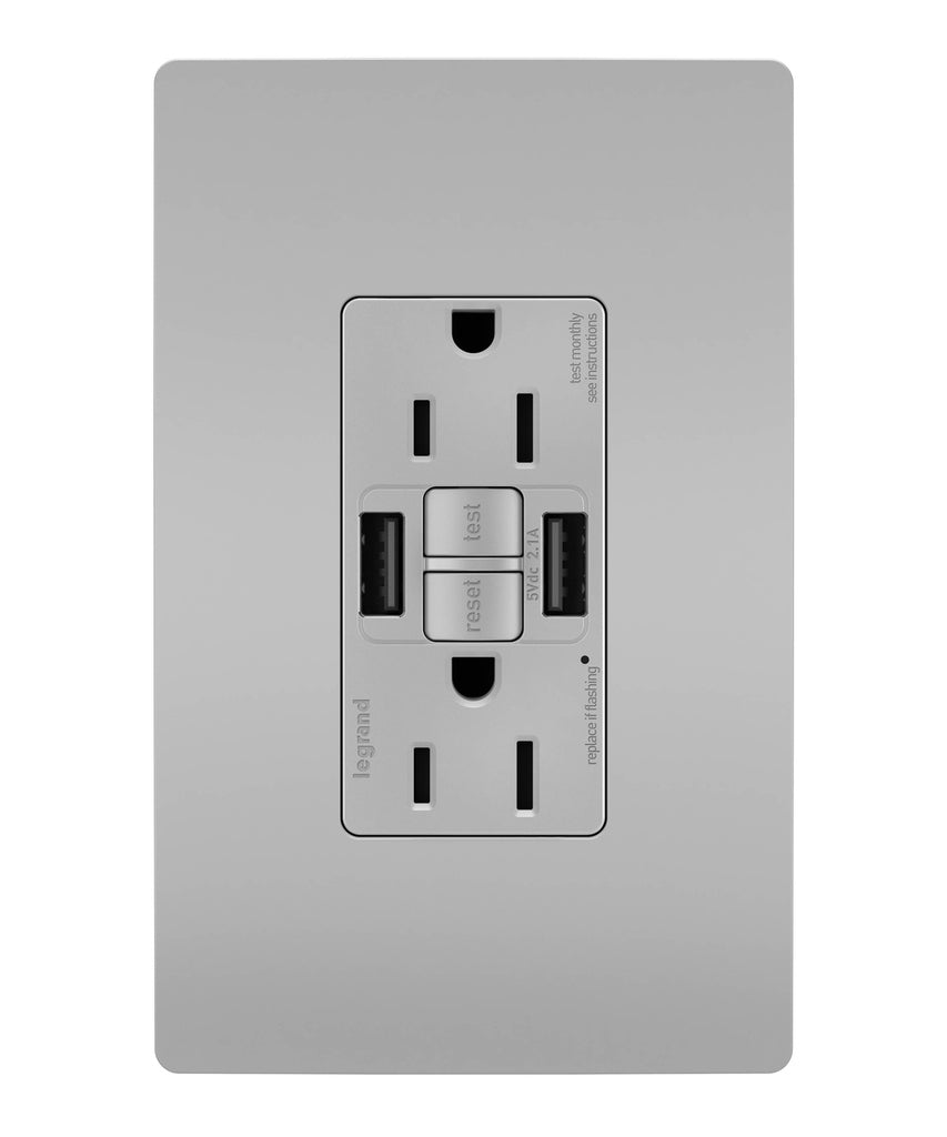 Legrand - 1597TRUSBAAGRY - Tamper-Resistant 15A Duplex Self-Test GFCI Receptacles with SafeLock Protection, USB Type A/A - radiant - Gray